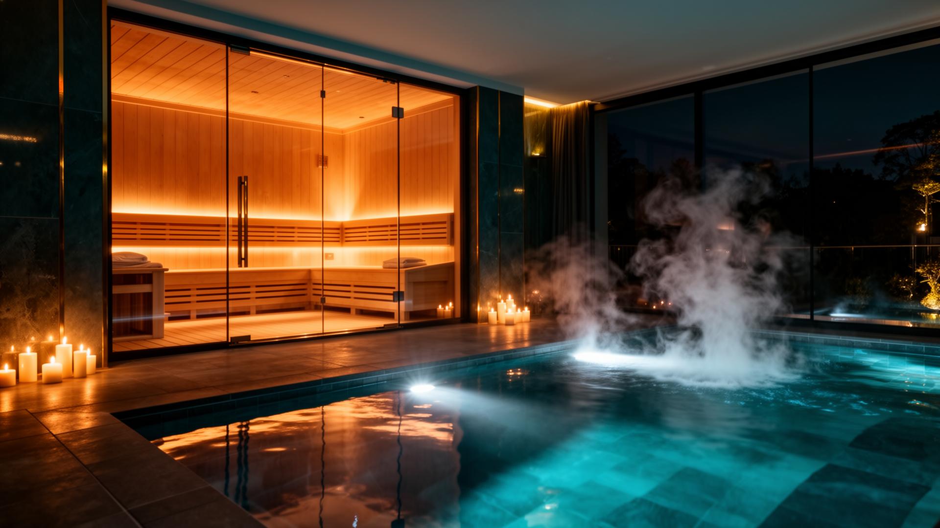 Sauna met verwarmd buitenzwembad bij nacht