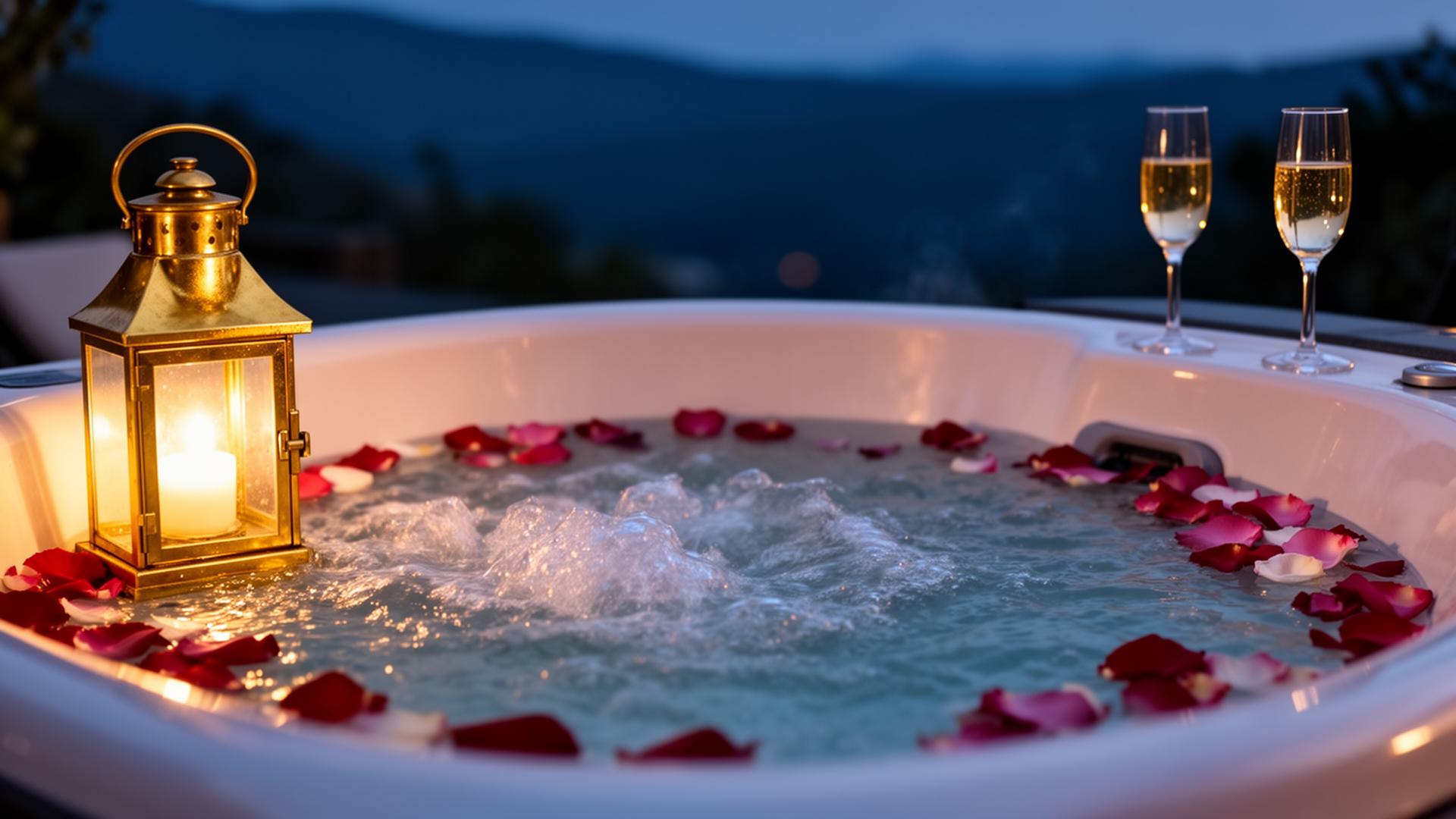 Privé jacuzzi met champagne en rozenblaadjes